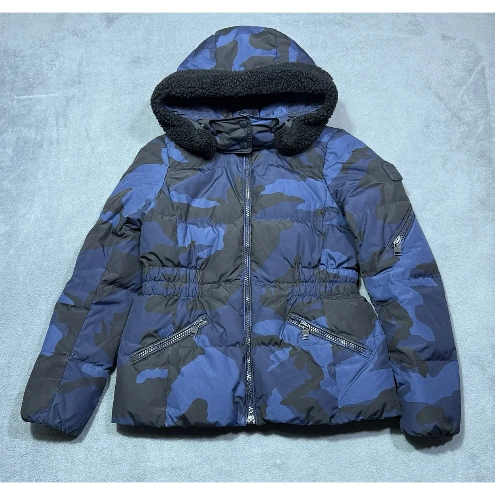 Coach Puffer Jacket Womens S Blue Camo Goose Down Sherpa Hood